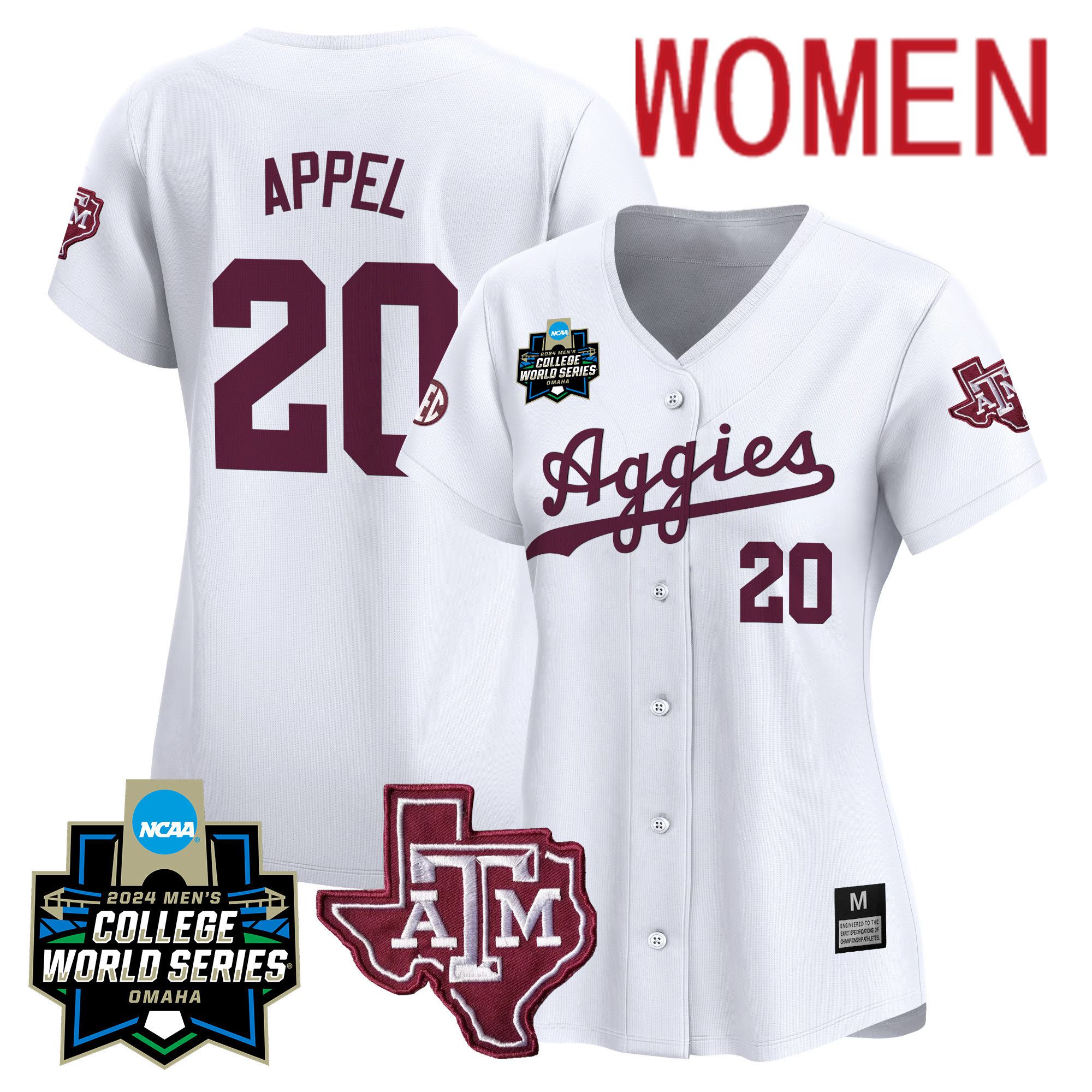 Women Texas A&M Aggies #20 Appel White 2024 College World Series Vapor Premier Limited NCAA Jersey